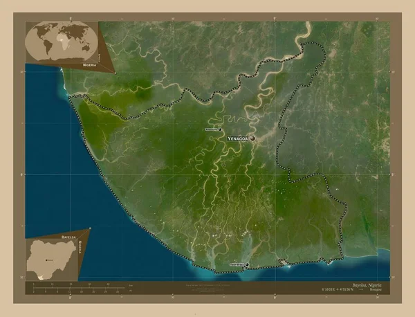 巴耶尔萨州 尼日利亚 低分辨率卫星地图 该区域主要城市的地点和名称 角辅助位置图 — 图库照片