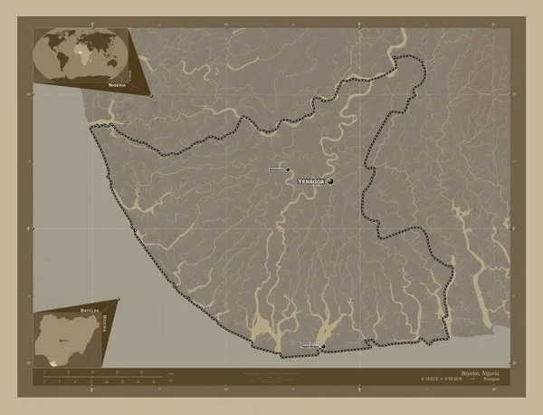 Μπαϊέλσα Πολιτεία Της Νιγηρίας Υψόμετρο Χάρτη Χρωματισμένο Τόνους Σέπια Λίμνες — Φωτογραφία Αρχείου