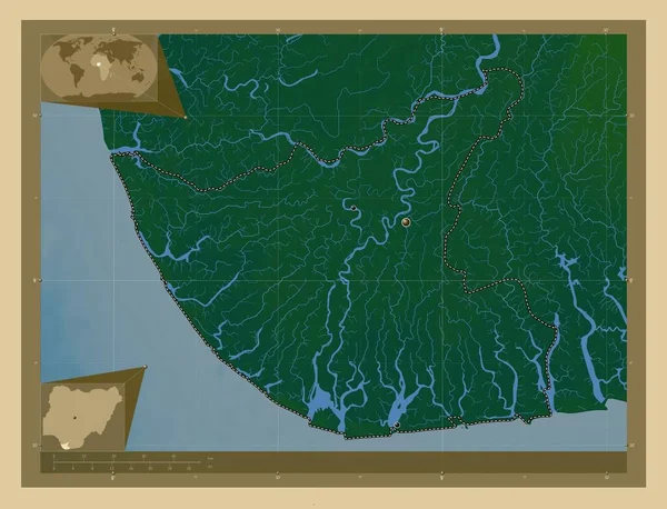 Bayelsa State Nigeria Colored Elevation Map Lakes Rivers Locations Major — Stock Photo, Image