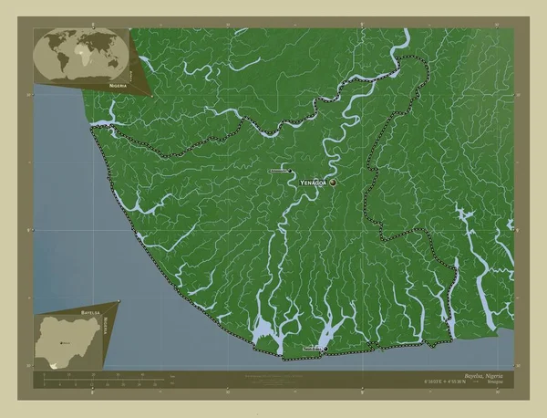 巴耶尔萨州 尼日利亚 用Wiki风格绘制的带有湖泊和河流的高程地图 该区域主要城市的地点和名称 角辅助位置图 — 图库照片