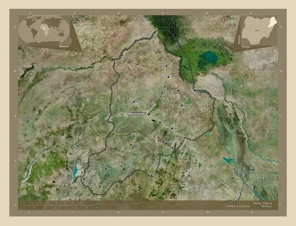 博尔诺州 尼日利亚 高分辨率卫星地图 该区域主要城市的地点和名称 角辅助位置图 — 图库照片