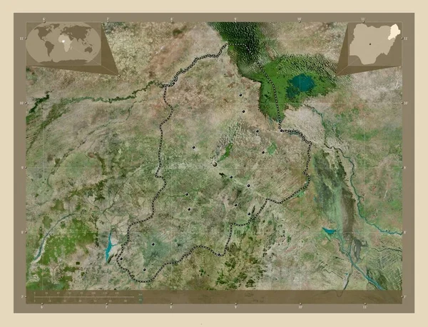 博尔诺州 尼日利亚 高分辨率卫星地图 该区域主要城市的所在地点 角辅助位置图 — 图库照片