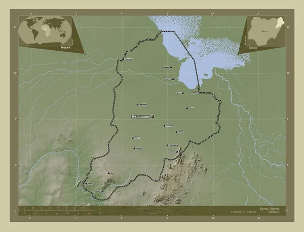 ボルノ ナイジェリアの状態 湖や川とWikiスタイルで着色された標高マップ 地域の主要都市の位置と名前 コーナー補助位置図 — ストック写真