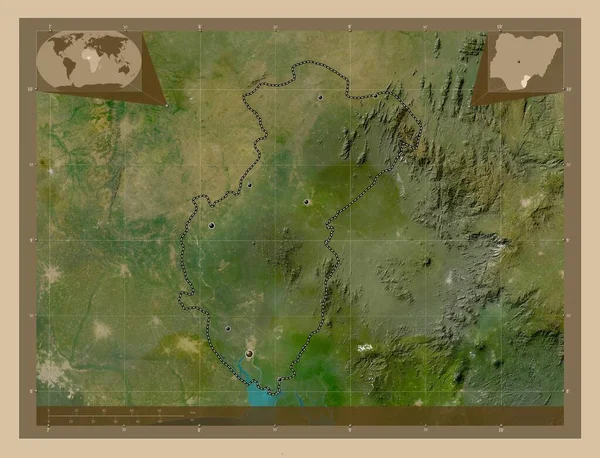 クロス川 ナイジェリアの状態 低解像度衛星地図 地域の主要都市の場所 コーナー補助位置図 — ストック写真