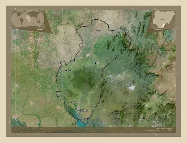 尼日利亚州克罗斯河 高分辨率卫星地图 该区域主要城市的地点和名称 角辅助位置图 — 图库照片