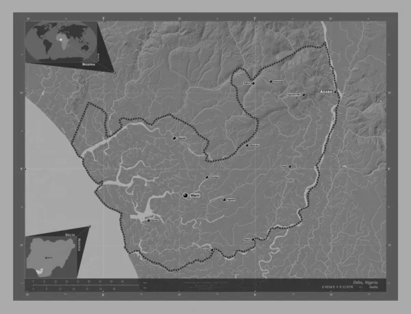 Delta État Nigeria Carte Altitude Bilevel Avec Lacs Rivières Emplacements — Photo