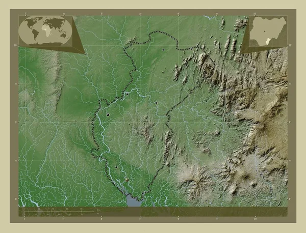 クロス川 ナイジェリアの状態 湖や川とWikiスタイルで着色された標高マップ 地域の主要都市の場所 コーナー補助位置図 — ストック写真