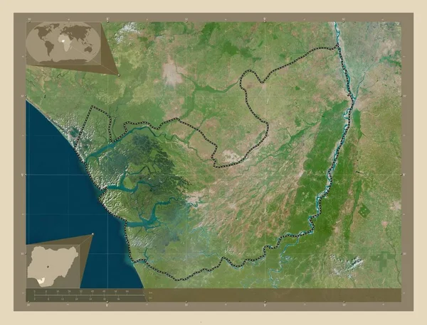 德尔塔 尼日利亚州 高分辨率卫星地图 角辅助位置图 — 图库照片