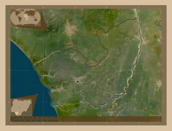 德尔塔 尼日利亚州 低分辨率卫星地图 该区域主要城市的所在地点 角辅助位置图 — 图库照片