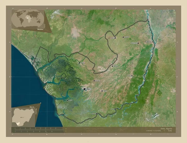 德尔塔 尼日利亚州 高分辨率卫星地图 该区域主要城市的地点和名称 角辅助位置图 — 图库照片