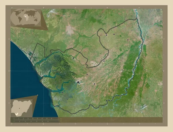デルタ ナイジェリアの州 高解像度衛星地図 地域の主要都市の場所 コーナー補助位置図 — ストック写真