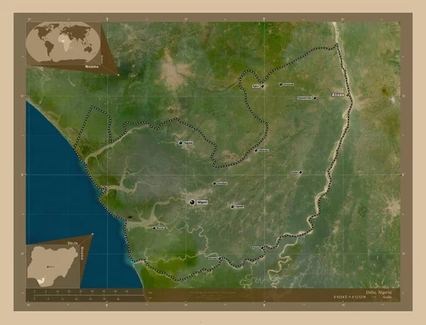 デルタ ナイジェリアの州 低解像度衛星地図 地域の主要都市の位置と名前 コーナー補助位置図 — ストック写真