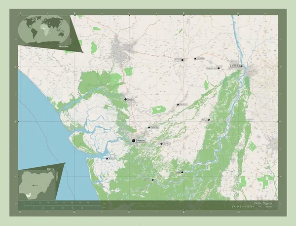 德尔塔 尼日利亚州 开放街道地图 该区域主要城市的地点和名称 角辅助位置图 — 图库照片