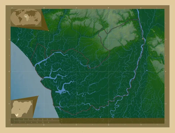 德尔塔 尼日利亚州 有湖泊和河流的彩色高程图 角辅助位置图 — 图库照片