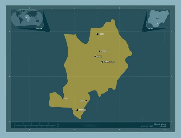 エボニ ナイジェリアの州 しっかりした色の形 地域の主要都市の位置と名前 コーナー補助位置図 — ストック写真