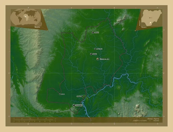 Ebonyi 尼日利亚州 有湖泊和河流的彩色高程图 该区域主要城市的地点和名称 角辅助位置图 — 图库照片