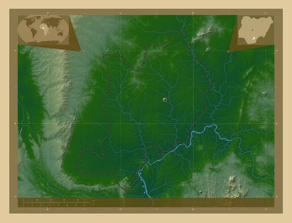 Ebonyi Stan Nigeria Kolorowa Mapa Wzniesień Jeziorami Rzekami Pomocnicze Mapy — Zdjęcie stockowe