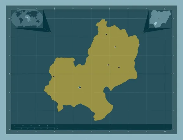 尼日利亚州 固体的颜色形状 该区域主要城市的所在地点 角辅助位置图 — 图库照片