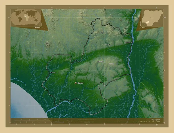 Едо Штат Нігерія Кольорові Карти Висот Озерами Річками Місця Розташування — стокове фото