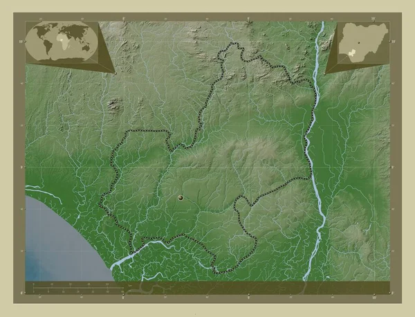 Edo Nijerya Eyaleti Yükseklik Haritası Göller Nehirlerle Wiki Tarzında Renklendirilmiş — Stok fotoğraf