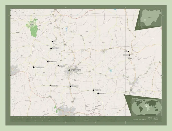 エキティ ナイジェリアの州 ストリートマップを開く 地域の主要都市の位置と名前 コーナー補助位置図 — ストック写真