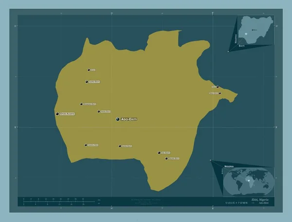 エキティ ナイジェリアの州 しっかりした色の形 地域の主要都市の位置と名前 コーナー補助位置図 — ストック写真