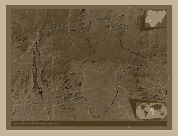 Ekiti Stát Nigérie Zdvihová Mapa Zbarvená Sépiovými Tóny Jezery Řekami — Stock fotografie