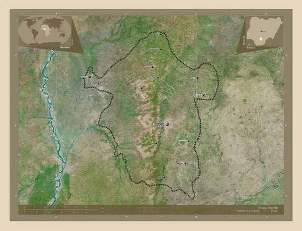 ナイジェリアのエングー州 高解像度衛星地図 地域の主要都市の位置と名前 コーナー補助位置図 — ストック写真