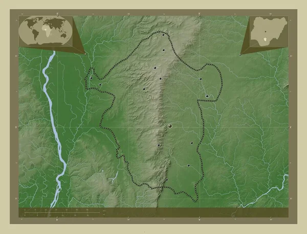 ナイジェリアのエングー州 湖や川とWikiスタイルで着色された標高マップ 地域の主要都市の場所 コーナー補助位置図 — ストック写真