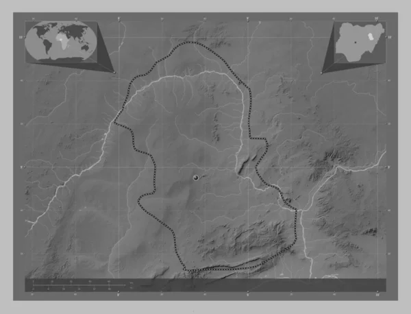 Gombe State Nigeria Grayscale Elevation Map Lakes Rivers Corner Auxiliary — Stock Photo, Image
