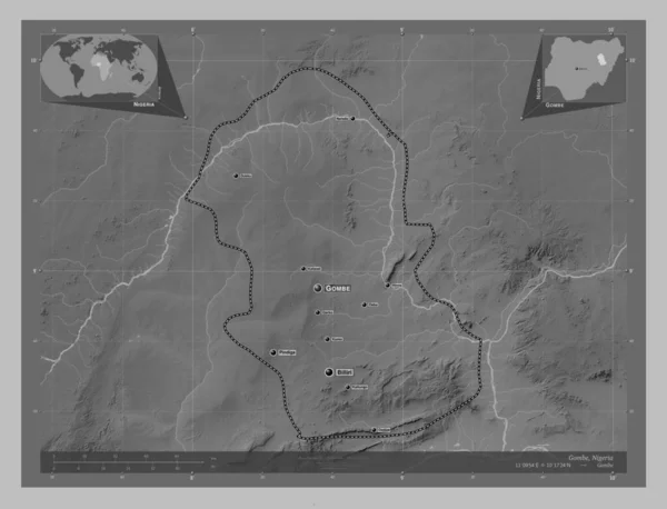 Gombe State Nigeria Grayscale Elevation Map Lakes Rivers Locations Names — Stock Photo, Image