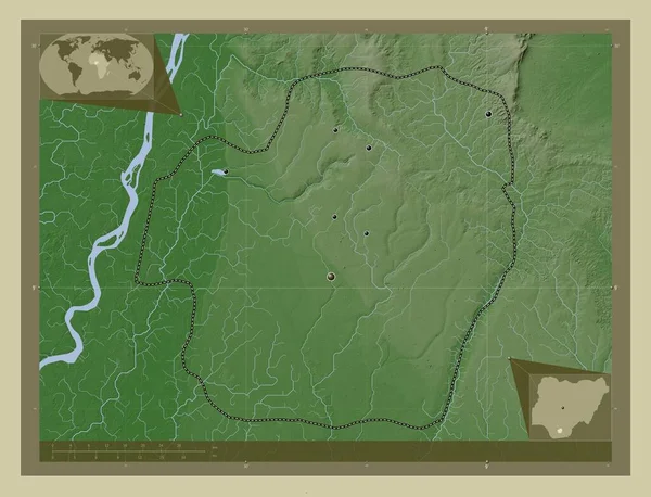 伊莫州 尼日利亚 用Wiki风格绘制的带有湖泊和河流的高程地图 该区域主要城市的所在地点 角辅助位置图 — 图库照片