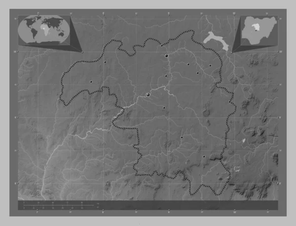 Kaduna Staat Nigeria Grayscale Hoogte Kaart Met Meren Rivieren Locaties — Stockfoto