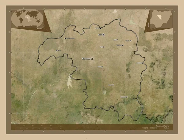 カドゥナ ナイジェリアの州 低解像度衛星地図 地域の主要都市の位置と名前 コーナー補助位置図 — ストック写真