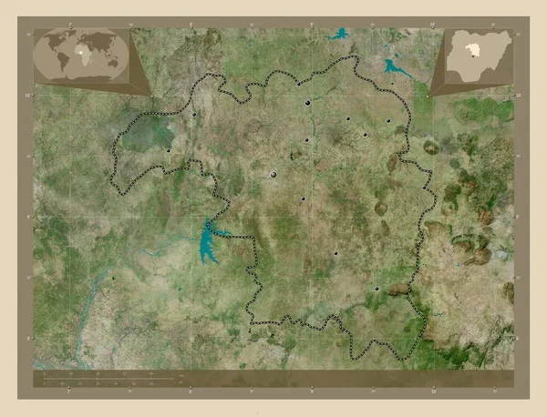 卡杜纳 尼日利亚州高分辨率卫星地图 该区域主要城市的所在地点 角辅助位置图 — 图库照片