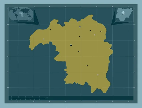 カドゥナ ナイジェリアの州 しっかりした色の形 地域の主要都市の場所 コーナー補助位置図 — ストック写真