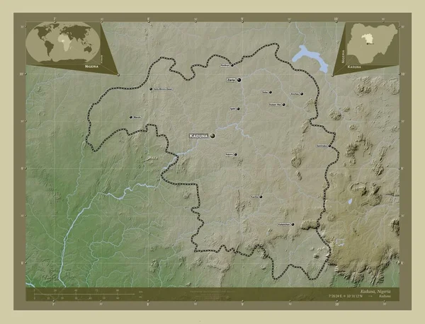 卡杜纳 尼日利亚州用Wiki风格绘制的带有湖泊和河流的高程地图 该区域主要城市的地点和名称 角辅助位置图 — 图库照片