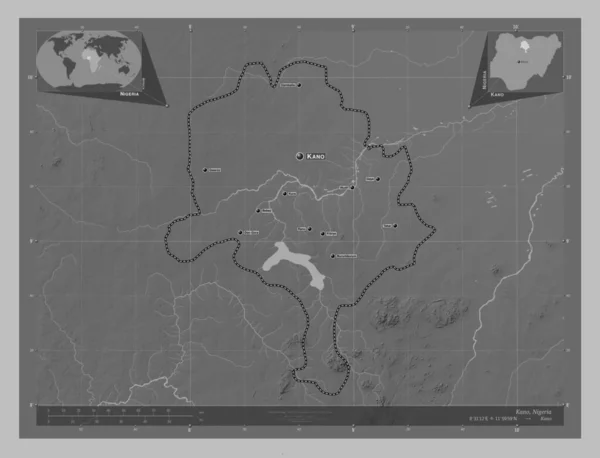 Kano Delstaten Nigeria Grayscale Höjdkarta Med Sjöar Och Floder Platser — Stockfoto