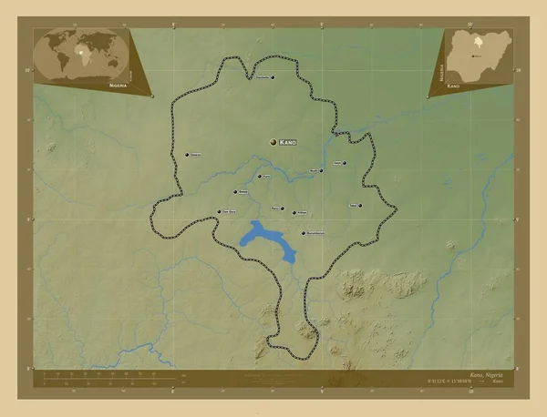ナイジェリアの州 湖や川と色の標高マップ 地域の主要都市の位置と名前 コーナー補助位置図 — ストック写真