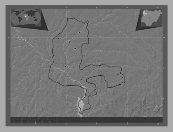 Kebbi 尼日利亚州 带湖泊和河流的比尔维尔高程图 该区域主要城市的所在地点 角辅助位置图 — 图库照片