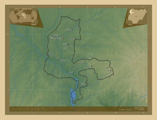 ナイジェリアの状態 湖や川と色の標高マップ 地域の主要都市の位置と名前 コーナー補助位置図 — ストック写真