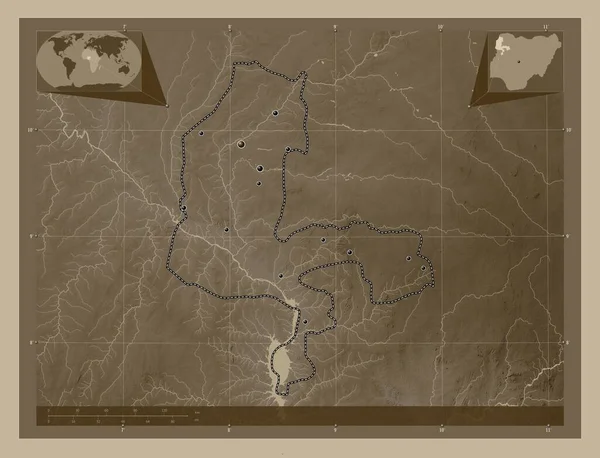 Кебби Штат Нигерия Карта Высоты Окрашенная Сепиевые Тона Озерами Реками — стоковое фото