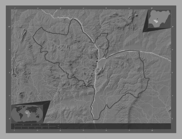 Kogi 尼日利亚州 带湖泊和河流的比尔维尔高程图 角辅助位置图 — 图库照片