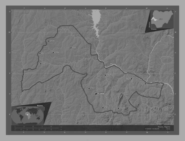 Kwara Estado Nigeria Mapa Elevación Bilevel Con Lagos Ríos Ubicaciones — Foto de Stock