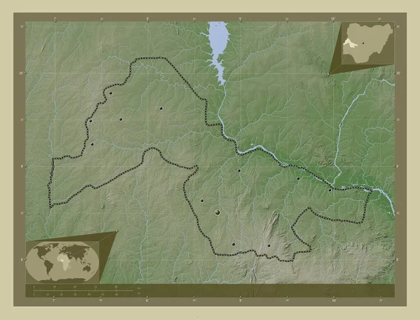 Kwara 尼日利亚州 用Wiki风格绘制的带有湖泊和河流的高程地图 该区域主要城市的所在地点 角辅助位置图 — 图库照片