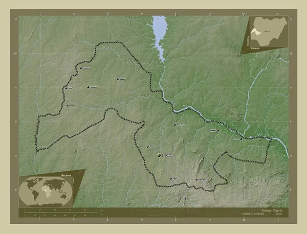 ナイジェリアの州 湖や川とWikiスタイルで着色された標高マップ 地域の主要都市の位置と名前 コーナー補助位置図 — ストック写真