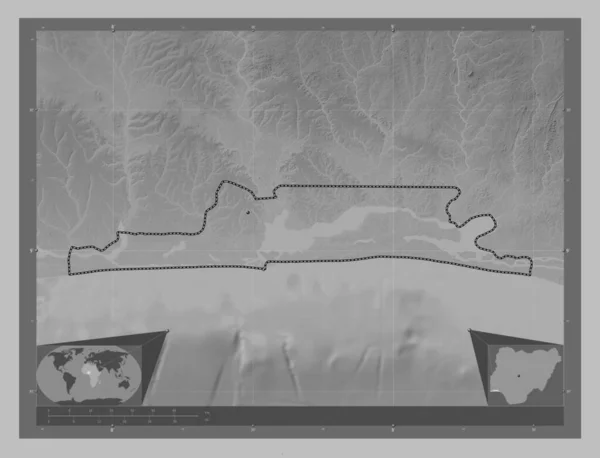 Lagos State Nigeria Grayscale Elevation Map Lakes Rivers Corner Auxiliary — Stock Photo, Image