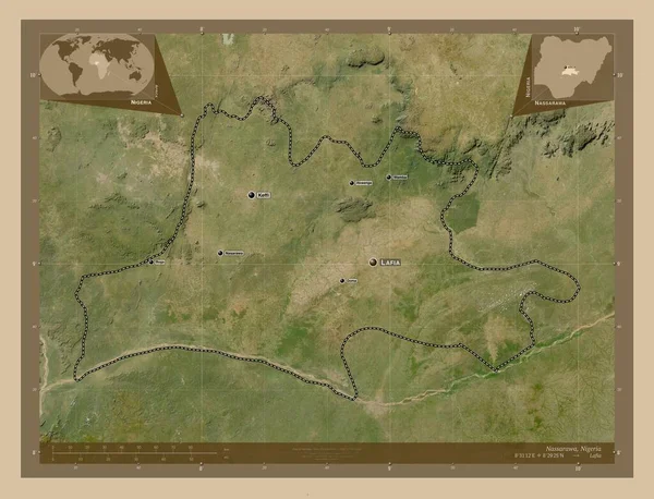 尼日利亚Nassarawa州 低分辨率卫星地图 该区域主要城市的地点和名称 角辅助位置图 — 图库照片