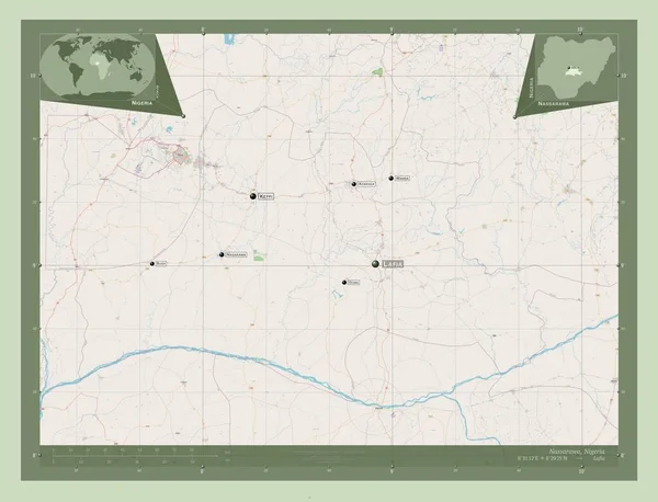 ナサラワ ナイジェリアの州 ストリートマップを開く 地域の主要都市の位置と名前 コーナー補助位置図 — ストック写真