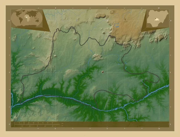 Nassarawa Nigerian Osavaltio Värilliset Korkeus Kartta Järviä Jokia Kulman Lisäsijaintikartat — kuvapankkivalokuva